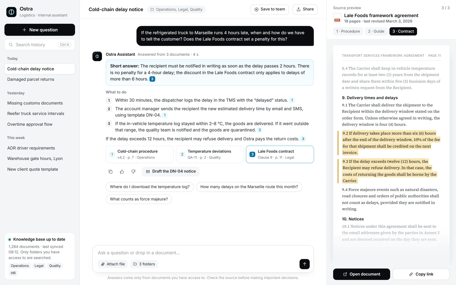 Ostra Logistics internal assistant: a chat screen that answers from procedure and contract documents with sources cited, and a highlighted source preview