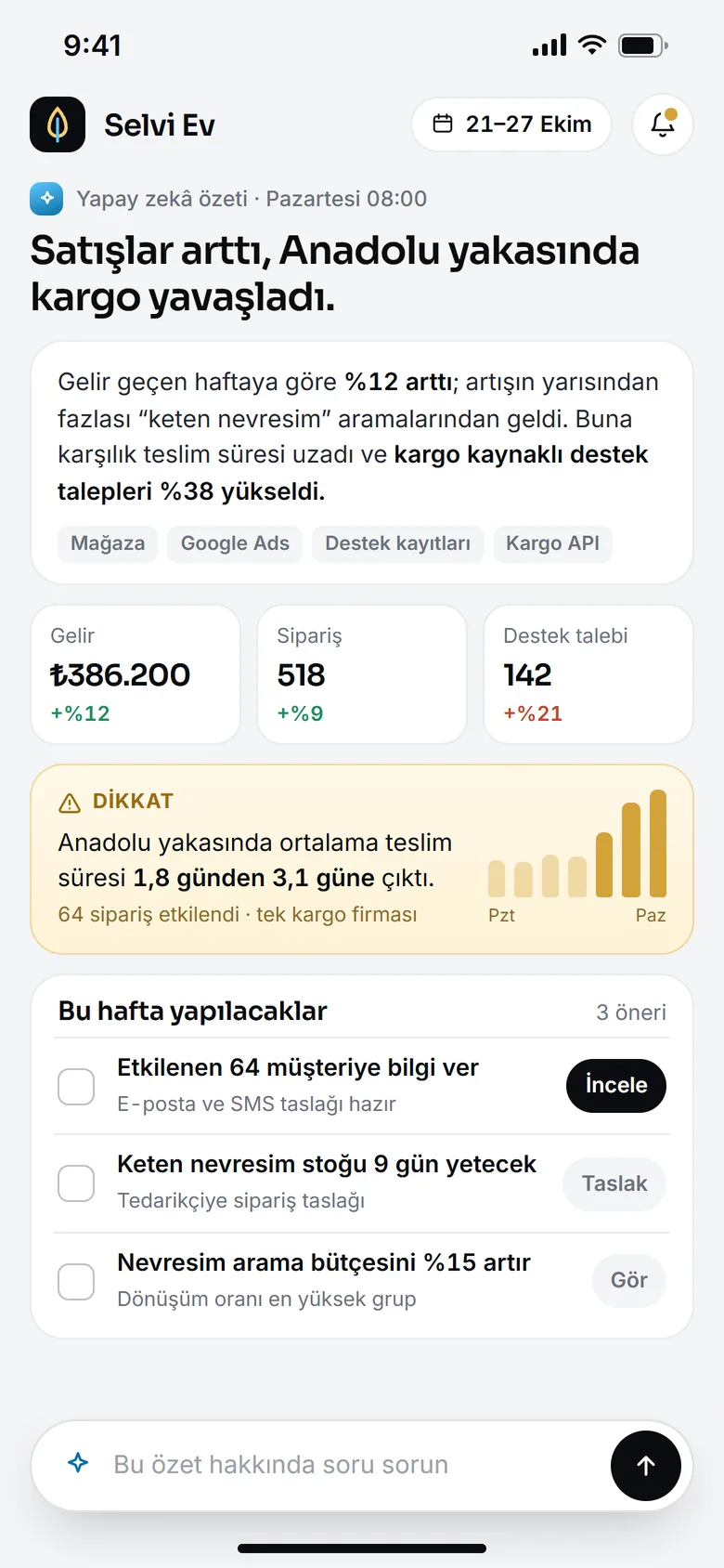 Selvi Ev için yapay zekâ haftalık özeti: öne çıkan değişimler, bir uyarı ve önerilen adımlar
