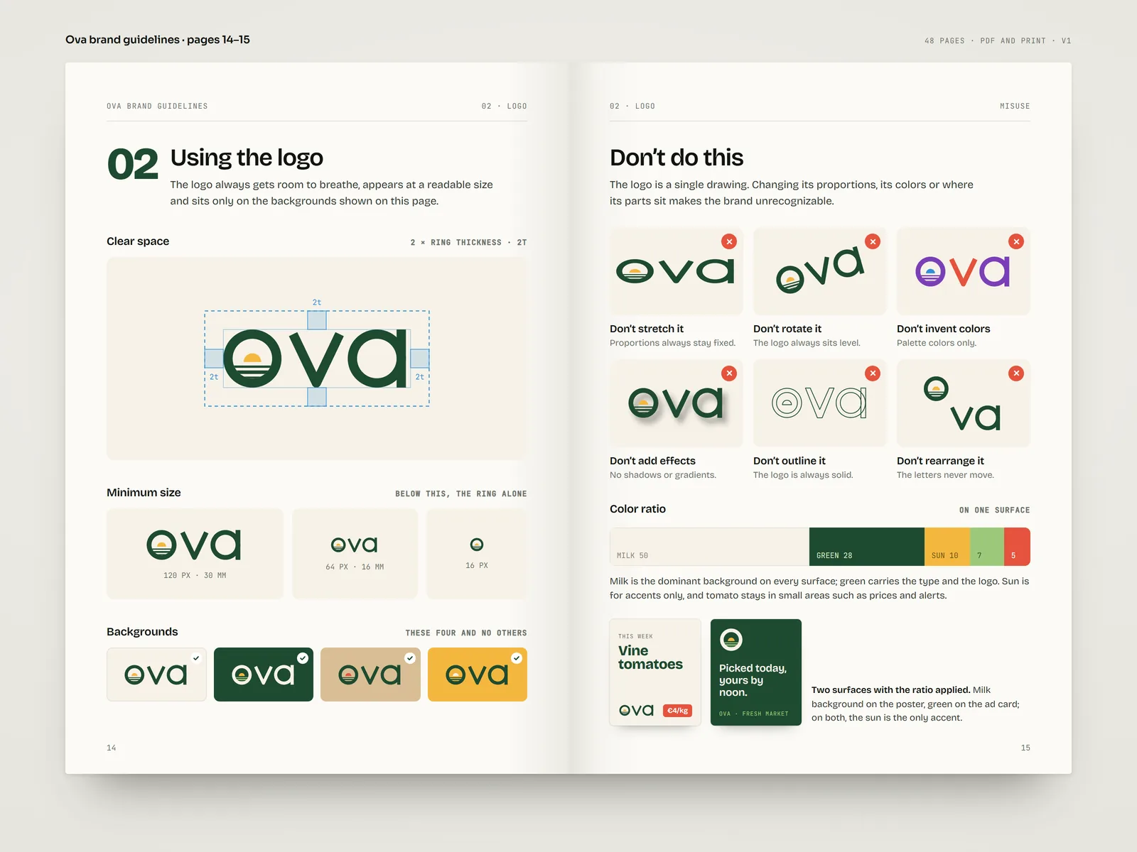 A two-page spread from the Ova brand guidelines: the logo’s clear space, minimum size, misuses and color proportions