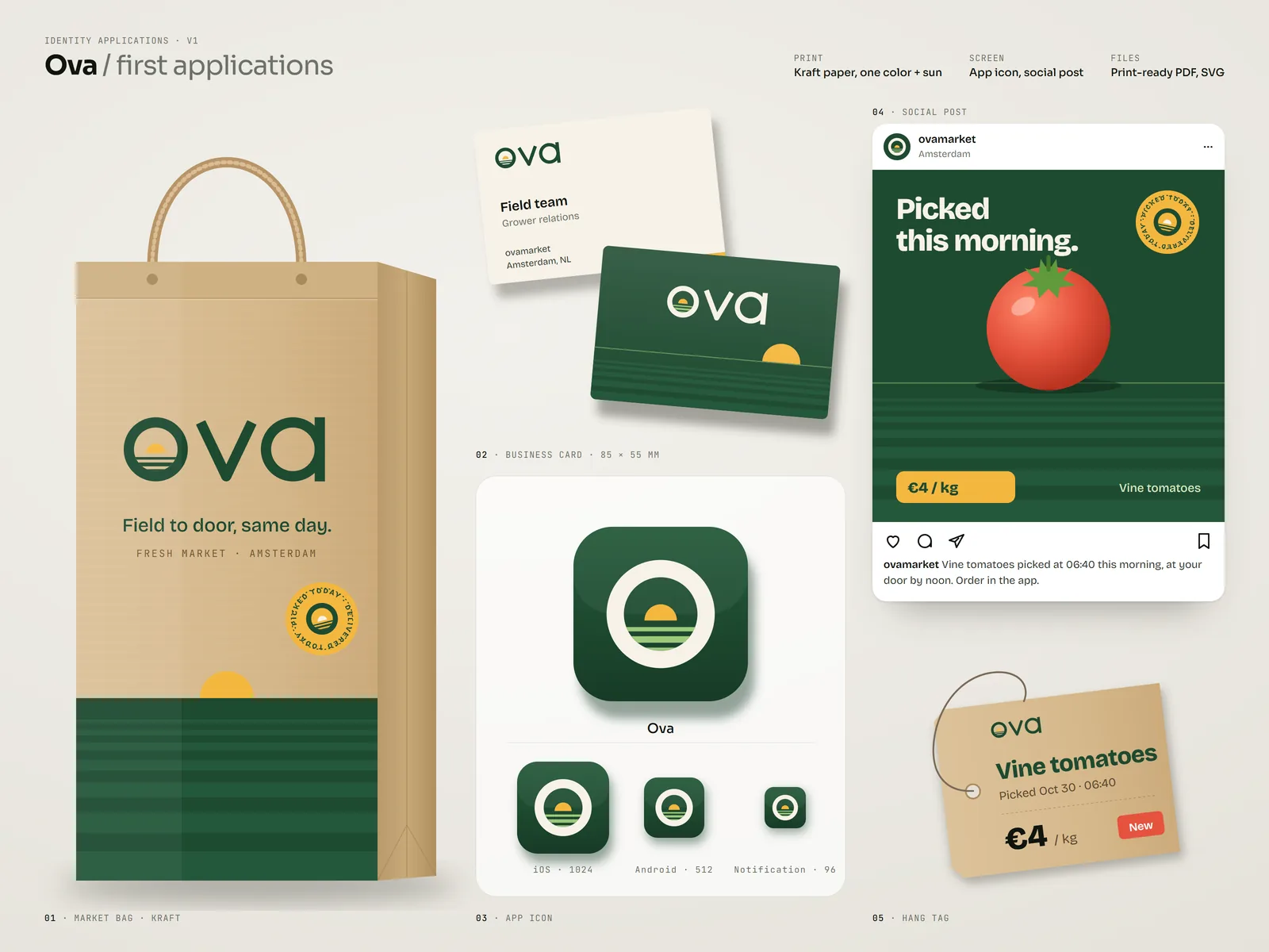 The Ova identity applied, shown as illustrations: a paper market bag, business card, app icon, social media post and hanging price tag