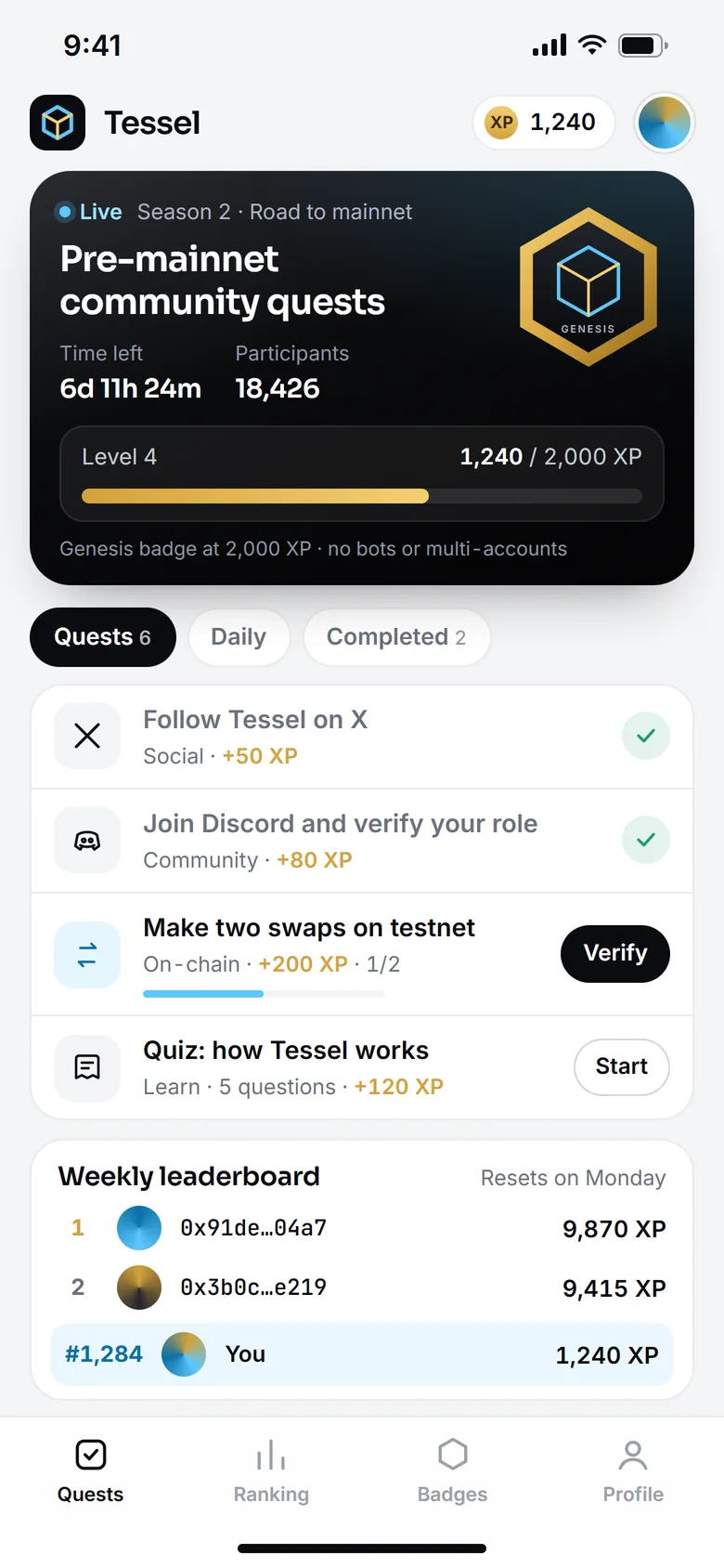 Tessel quest campaign on mobile: season progress, XP, quest list and leaderboard