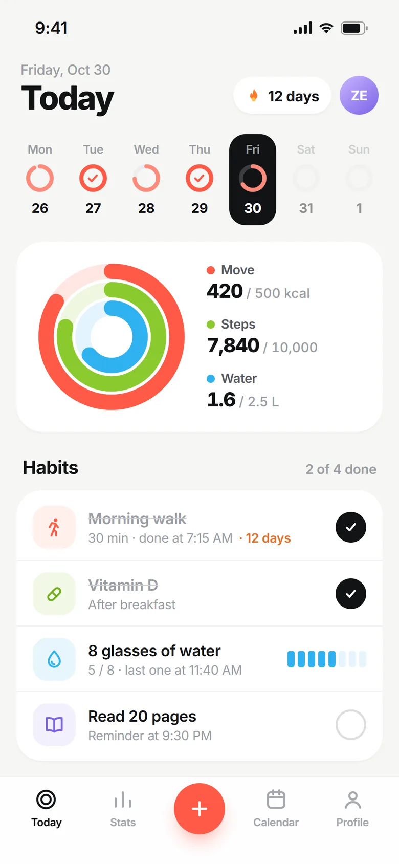 Daily screen of the Ritim habit app: weekly progress, rings for movement, steps and water, and the day’s habit list