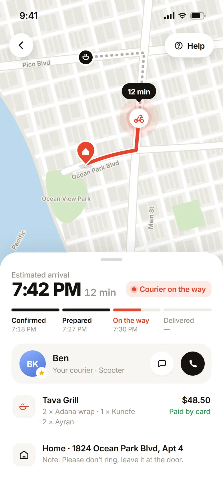 Tracking screen in the Tava food delivery app: courier and route on a map, estimated arrival time, order steps, courier and address details