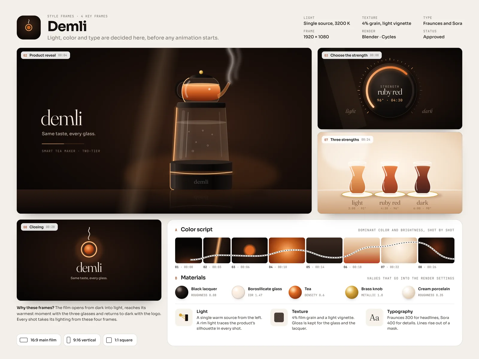 Four key frames from the Demli product film: the product in the dark, the brew dial, three glasses of tea and the end card, with the film’s color flow and materials below
