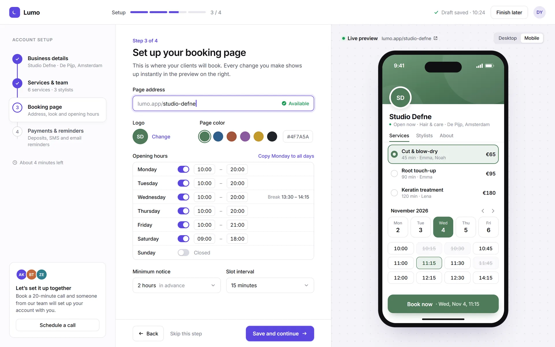 Setup screen of the Lumo booking platform: step list, booking page settings, working hours and a live mobile preview