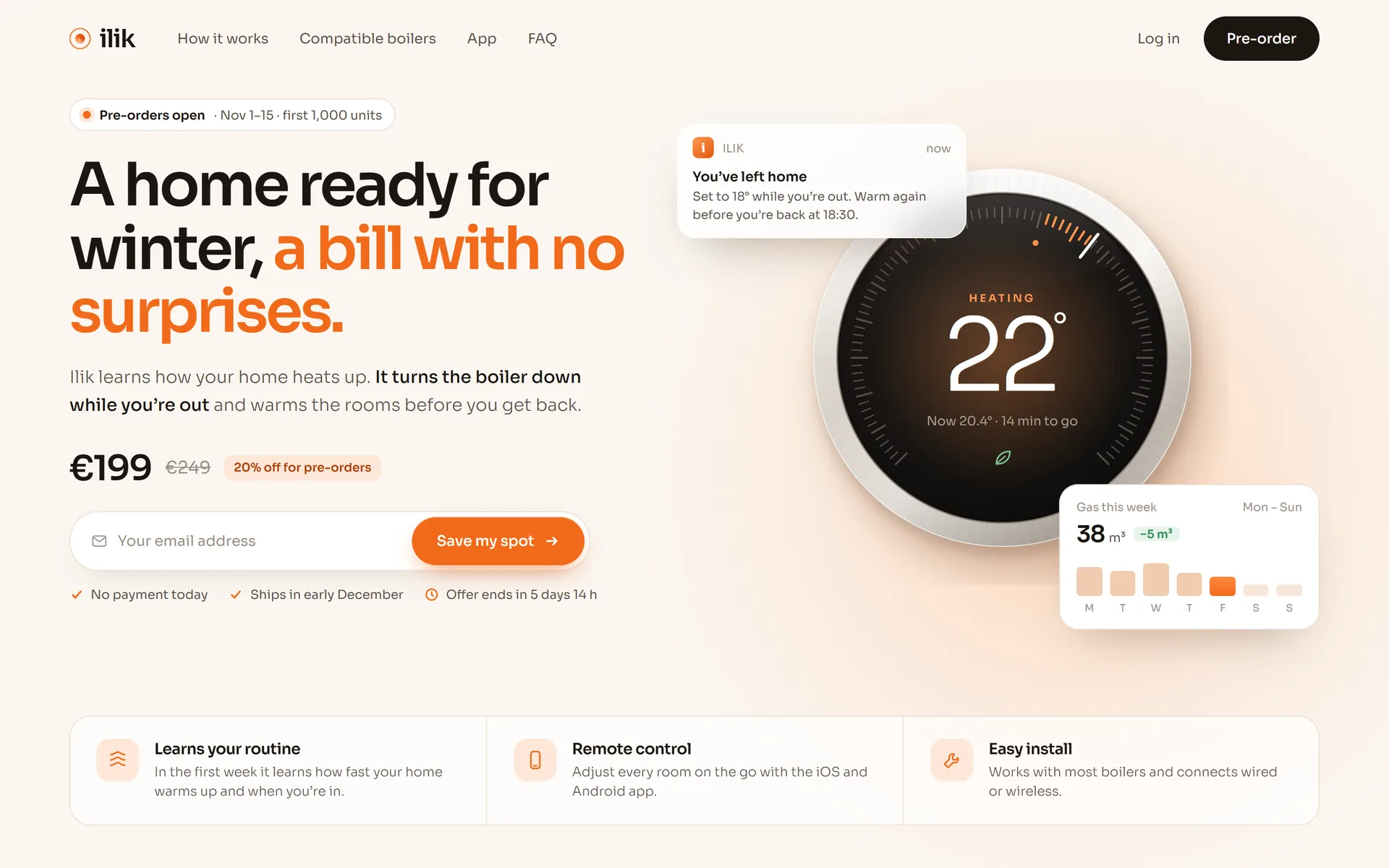 Pre-order page for the Ilik smart thermostat: headline, price, email form, device image and key features