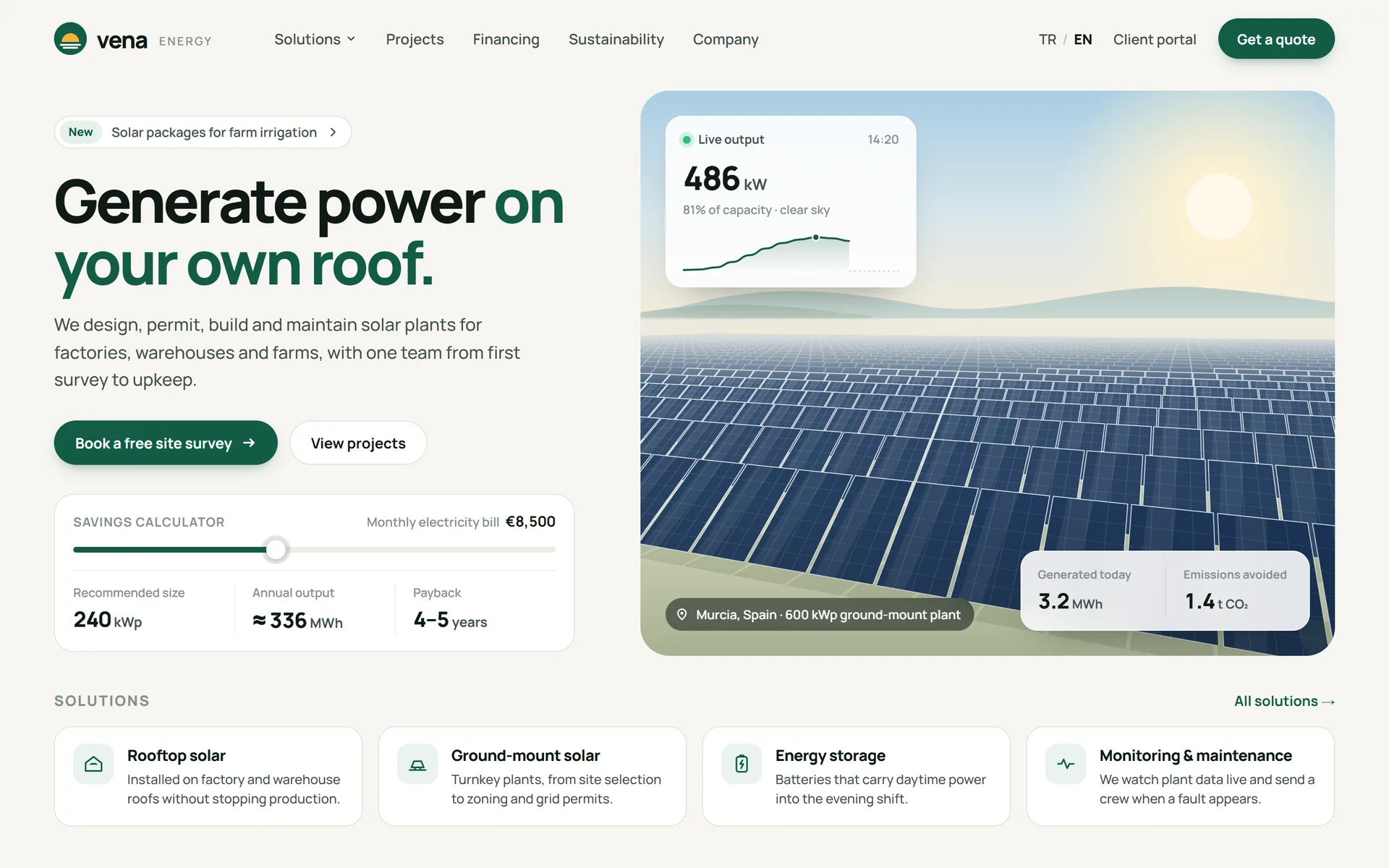 Home page of the Vena Energy company site: headline, savings calculator, live production cards over a solar plant image, and solutions