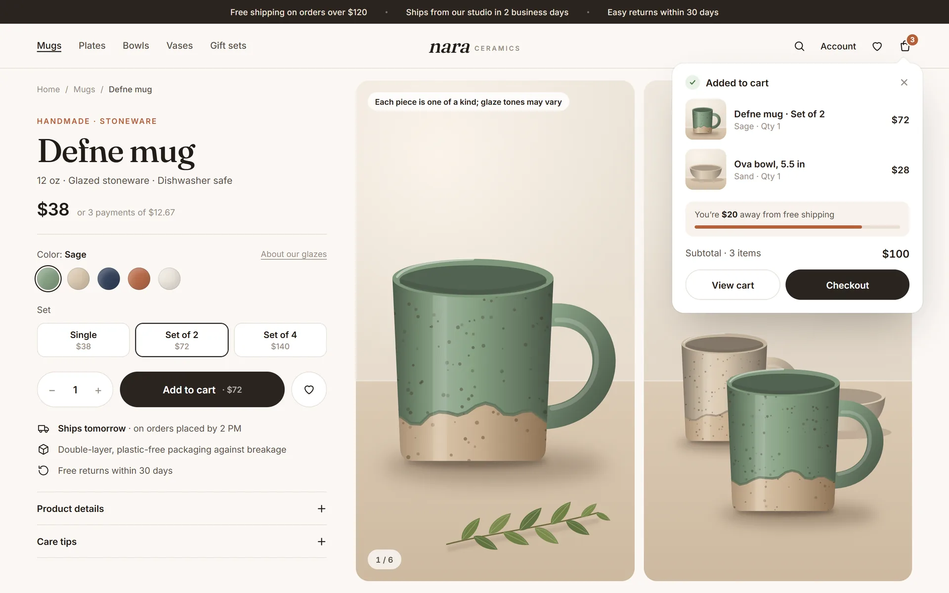 Nara Ceramics product page: color and set options, delivery details, product photos and an open cart panel
