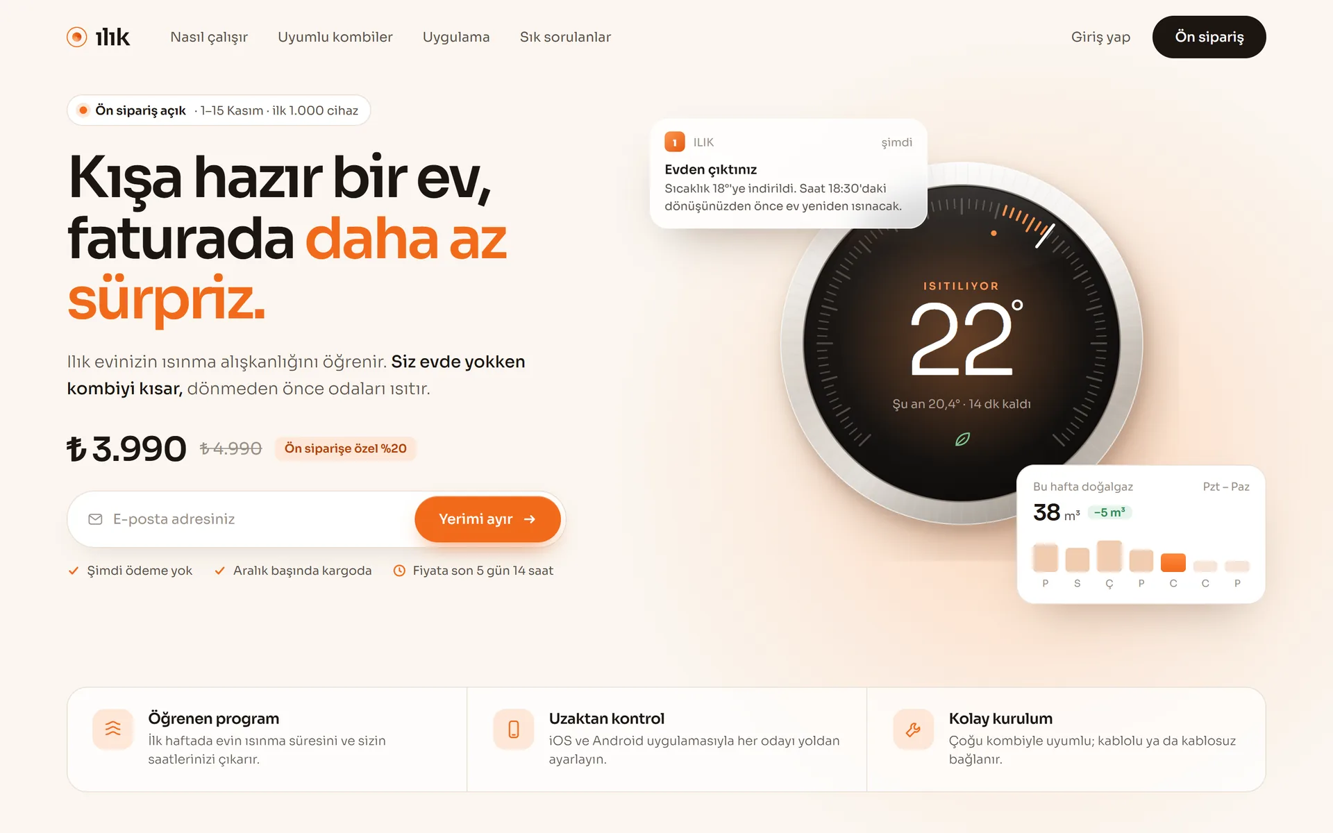 Ilık akıllı termostatın ön sipariş sayfası: başlık, fiyat, e-posta formu, cihaz görseli ve öne çıkan özellikler