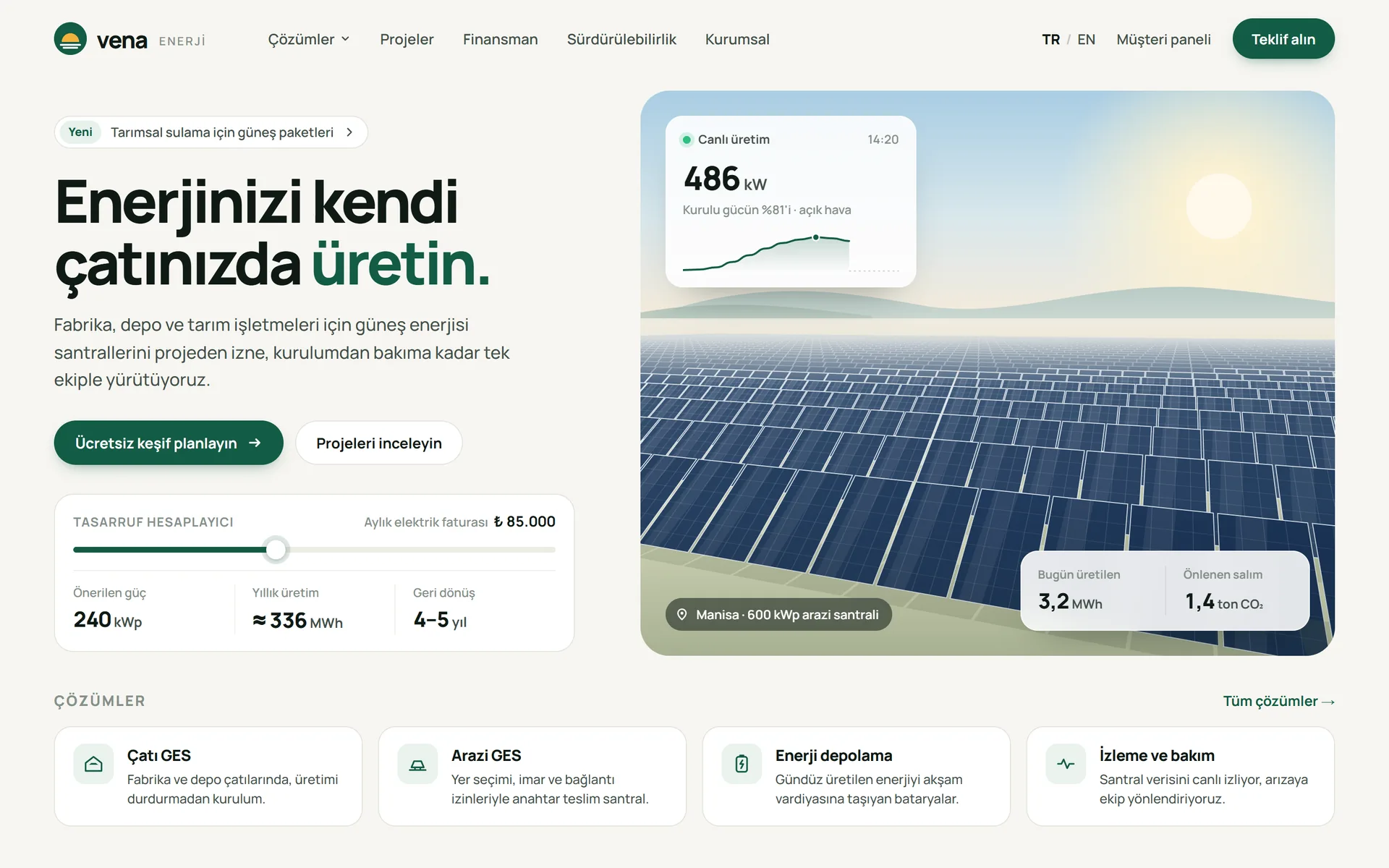 Vena Enerji kurumsal sitesinin ana sayfası: başlık, tasarruf hesaplayıcı, güneş santrali görseli üzerinde canlı üretim kartları ve çözümler